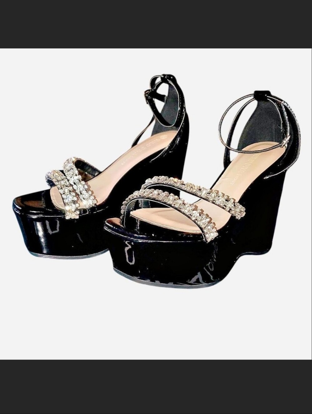 *NEW IN BOX!!!* Black Patent Platform Wedge Heels with Crystal Straps